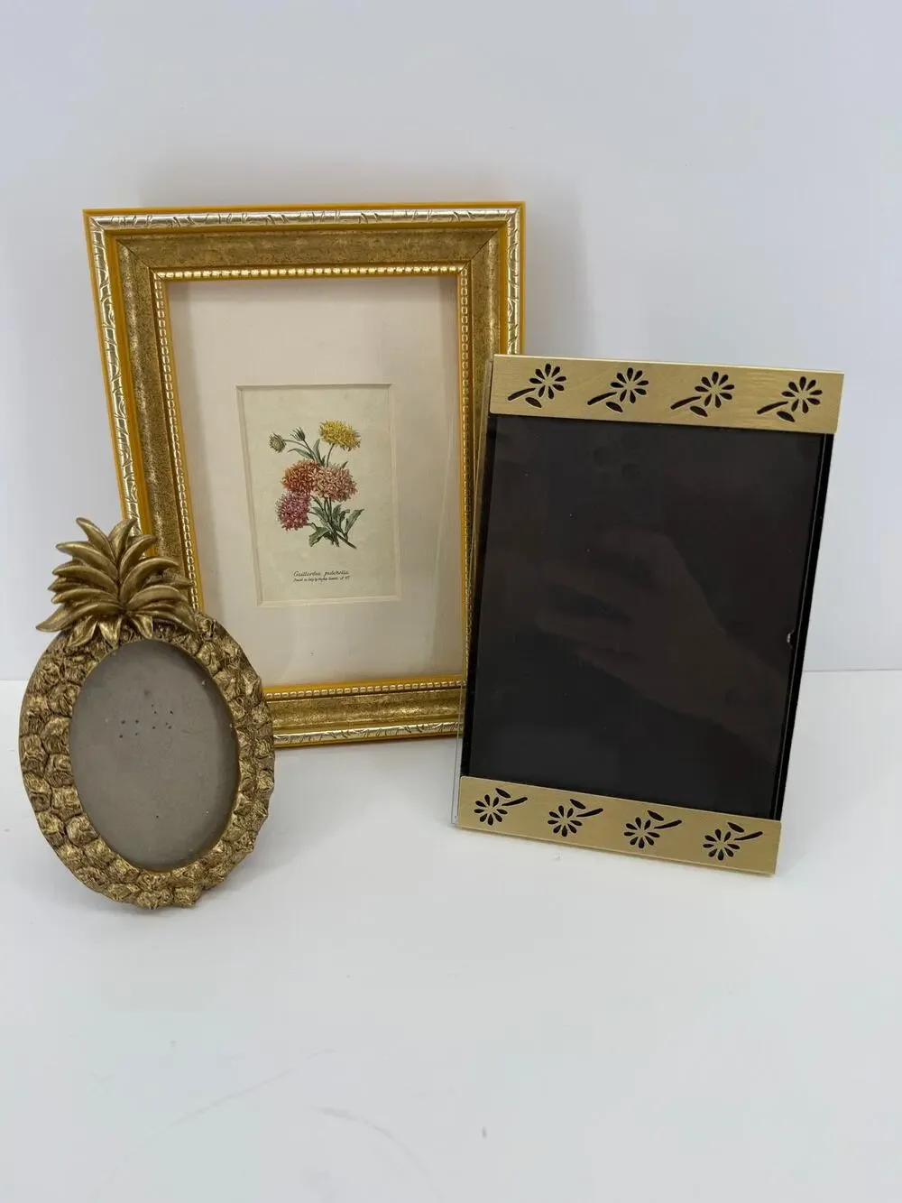 Gold Picture Frame Lot 3 Botanical Pineapple Floral Easel Wall Decor Eclectic
